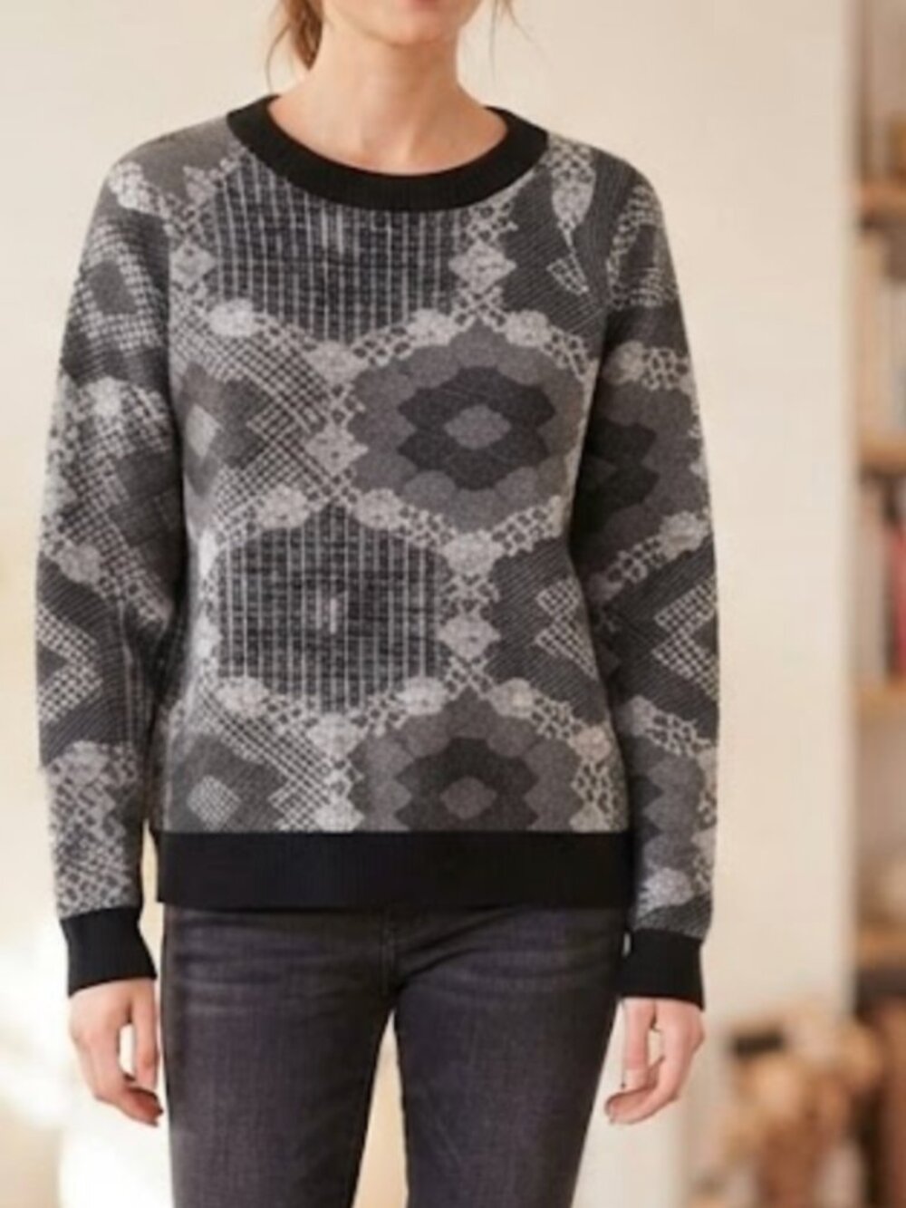 Promod Black & Gray Geometric Patterned Crewneck Sweater, Size M